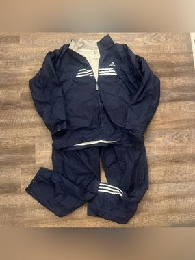 Vtg Adidas Windbreaker Athletic Track Set XL Jacket Pants Nylon Lined Blue White